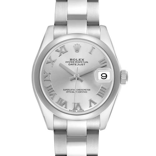 The image shows a front view of the Rolex Datejust Mid-Size watch, highlighting the dial, hands, hour markers, and part of the bracelet.