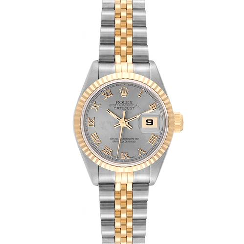 The image shows a Rolex Datejust 69173 Women's Steel and Gold (two tone) Grey Dial 69173 Women's Steel and Gold (two tone) Grey Dial watch, displaying the face, bezel, crown, and bracelet from a frontal angle.