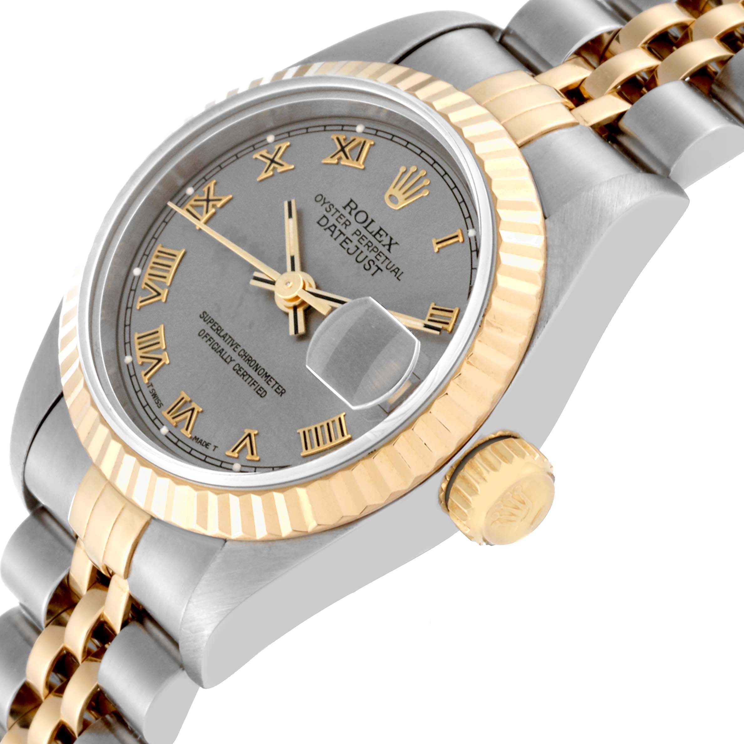 The image displays an angled view of a Rolex Datejust 69173 Women's Steel and Gold (two tone) Grey Dial 69173 Women's Steel and Gold (two tone) Grey Dial watch, showing its face, crown, and part of the bracelet.