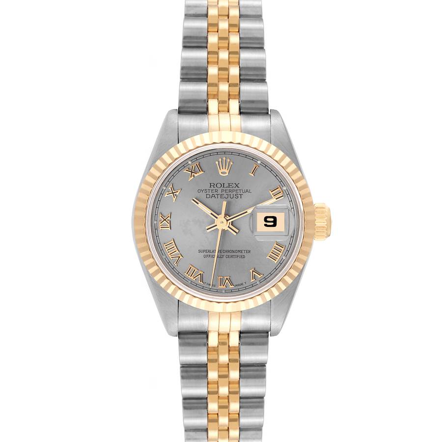 The image shows a front view of a Rolex Datejust 69173 Women's Steel and Gold (two tone) Grey Dial 69173 Women's Steel and Gold (two tone) Grey Dial watch, displaying its face, bezel, crown, and bracelet.