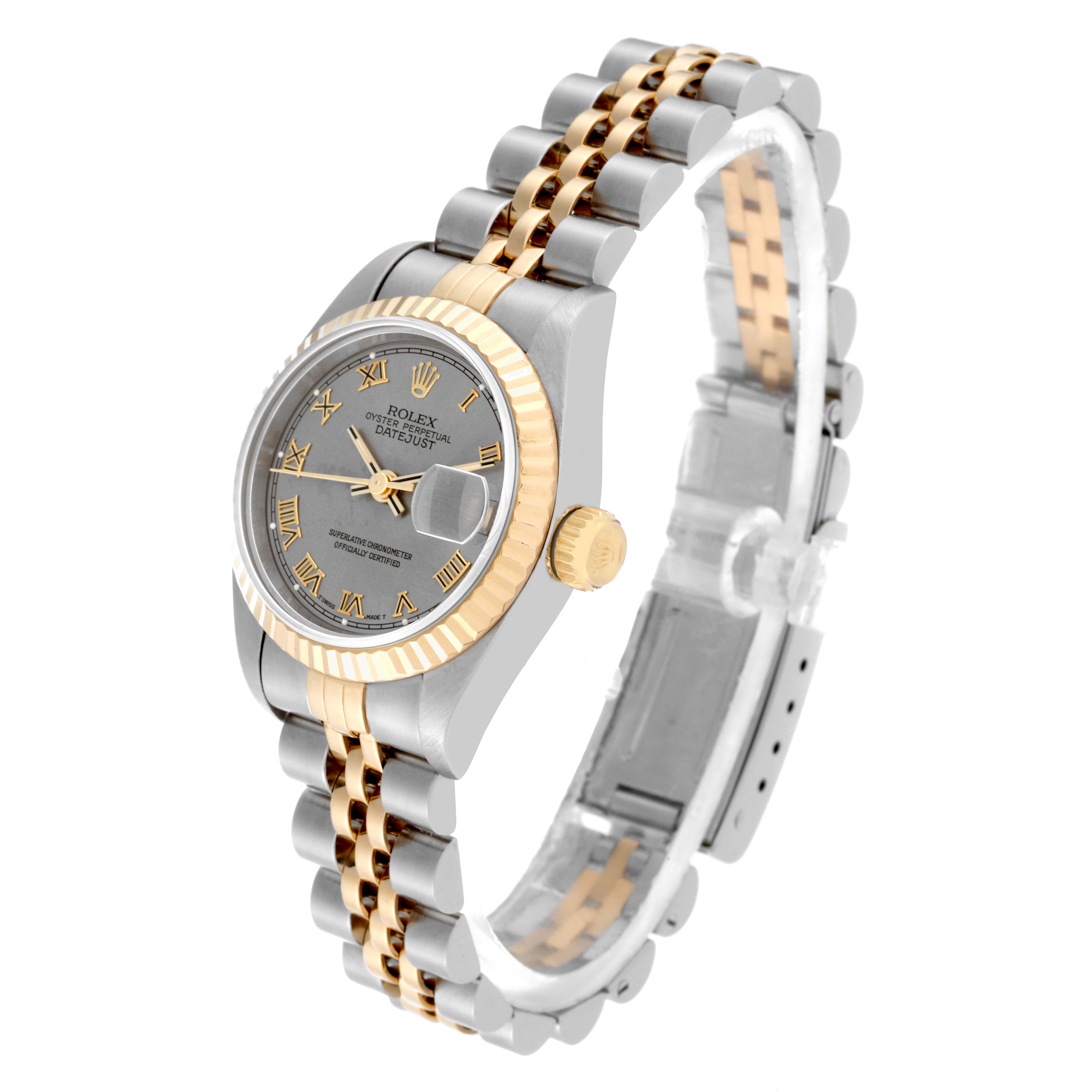 The image shows a Rolex Datejust 69173 Women's Steel and Gold (two tone) Grey Dial 69173 Women's Steel and Gold (two tone) Grey Dial watch from an oblique angle, featuring its face, bezel, crown, and two-tone bracelet.