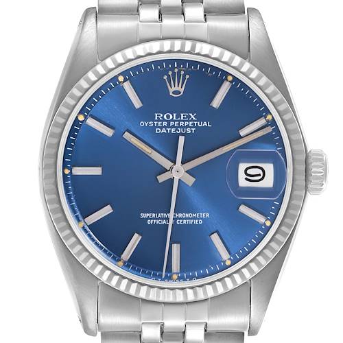 The Rolex Datejust 1601 Men's Stainless Steel Blue Dial 1601 Men's Stainless Steel Blue Dial watch is shown from the front, displaying its blue dial, hour markers, date window, and fluted bezel.