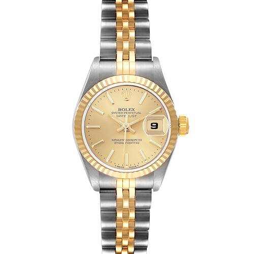 The Rolex Datejust 69173 Women's Steel and Gold (two tone) Champagne Dial 69173 Women's Steel and Gold (two tone) Champagne Dial watch is shown from a top view, highlighting its gold dial, date window, fluted bezel, and two-tone bracelet.