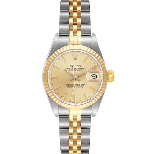 The Rolex Datejust 69173 Women's Steel and Gold (two tone) Champagne Dial 69173 Women's Steel and Gold (two tone) Champagne Dial watch is shown from a top-down angle, displaying the dial, fluted bezel, and Jubilee bracelet.