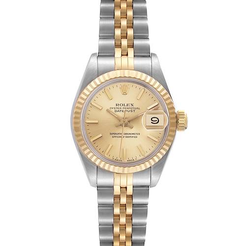 The Rolex Datejust 69173 Women's Steel and Gold (two tone) Champagne Dial 69173 Women's Steel and Gold (two tone) Champagne Dial watch is shown from a front view, highlighting the dial, fluted bezel, crown, and Jubilee bracelet.