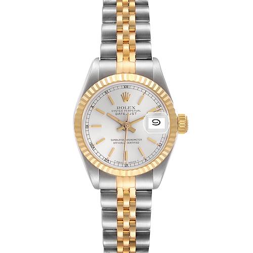 The Rolex Datejust 69173 Women's Steel and Gold (two tone) Silver Dial 69173 Women's Steel and Gold (two tone) Silver Dial watch is shown from a top-down angle, displaying the dial, bezel, and part of the bracelet.