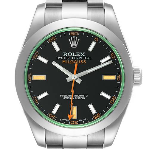 This image shows a front view of the Rolex Milgauss 116400GV Men's Stainless Steel Black Dial 116400GV Men's Stainless Steel Black Dial watch, highlighting the dial and part of the bracelet.