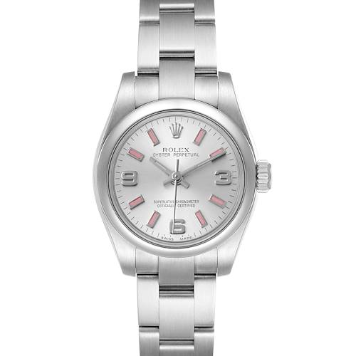 This image shows a Rolex Oyster Perpetual 176200 Women's Stainless Steel Silver Dial 176200 Women's Stainless Steel Silver Dial watch from a front angle, highlighting its face, hands, bracelet, and crown.