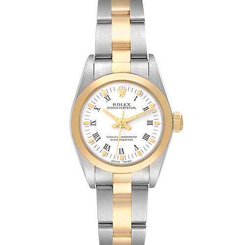This image shows the face and bracelet of a Rolex Oyster Perpetual 76183 Women's Steel and Gold (two tone) White Dial 76183 Women's Steel and Gold (two tone) White Dial watch, viewed from a top-down angle.
