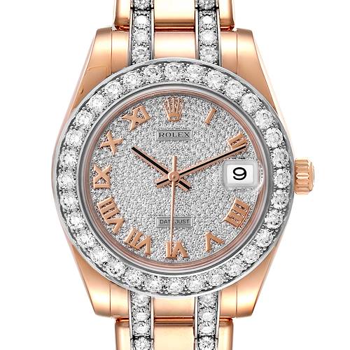 The Rolex Pearlmaster 81285 Women's Rose Gold Pink Dial 81285 Women's Rose Gold Pink Dial watch is shown from a frontal angle, displaying the dial, bezel, crown, and part of the bracelet.