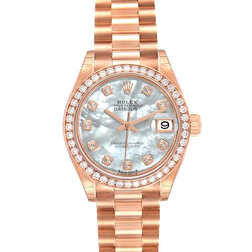 The image shows a front view of the Rolex President 279135 Women's Rose Gold Mother of Pearl Dial 279135 Women's Rose Gold Mother of Pearl Dial Datejust watch, highlighting its dial, case, bracelet, and crown.
