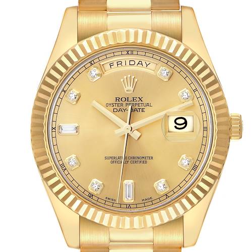 The Rolex President 218238 Men's Yellow Gold Champagne Dial 218238 Men's Yellow Gold Champagne Dial Day-Date watch is shown from the front, highlighting the dial, fluted bezel, and day-date feature.