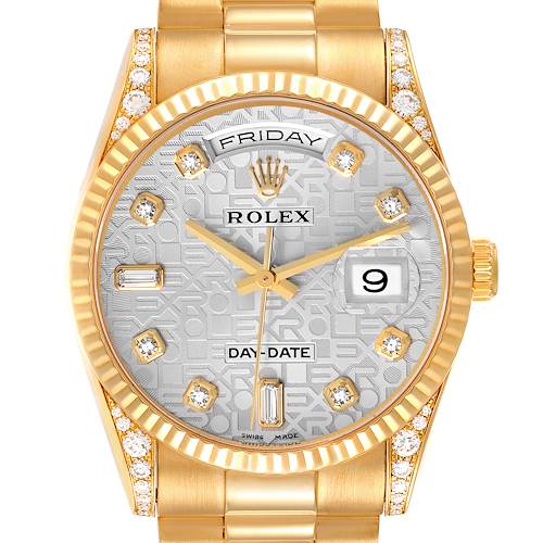 The image shows the Rolex President 118338 Men's Yellow Gold Silver Dial 118338 Men's Yellow Gold Silver Dial watch from a front angle, highlighting the dial, bezel, crown, and part of the bracelet.