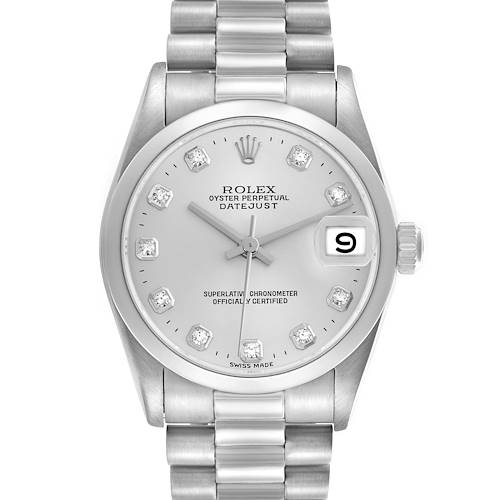 The Rolex Mid-Size 68246 Women's Platinum Silver Dial 68246 Women's Platinum Silver Dial Datejust watch is shown from the front, displaying its dial, bezel, crown, and bracelet.