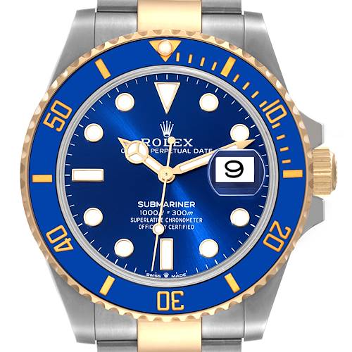 The image shows a front view of the Rolex Submariner 126613 Men's Steel and Gold (two tone) Blue Dial 126613 Men's Steel and Gold (two tone) Blue Dial, highlighting the blue dial, date display, and golden bezel and markers.