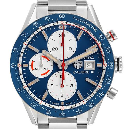 The image shows a frontal view of a Tag Heuer Carrera CV201AR.BA0715 Men's Stainless Steel Blue Dial CV201AR.BA0715 Men's Stainless Steel Blue Dial watch with a blue dial and chronograph features.