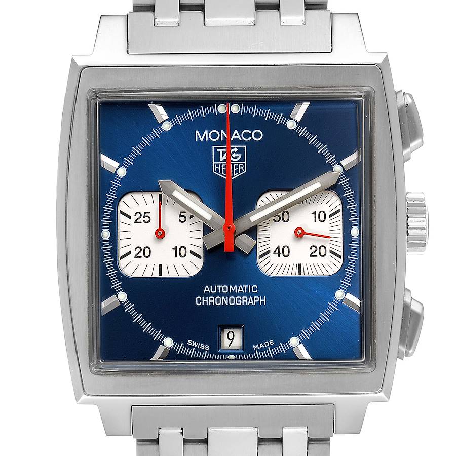 The image shows a frontal view of a Tag Heuer Monaco CW2113.BA0780 Men's Stainless Steel Blue Dial CW2113.BA0780 Men's Stainless Steel Blue Dial watch, highlighting its blue dial, chronograph sub-dials, and date display.