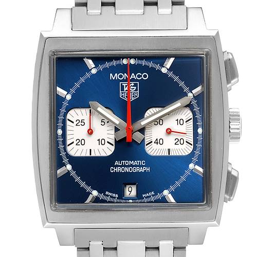The image shows the front view of a Tag Heuer Monaco CW2113.BA0780 Men's Stainless Steel Blue Dial CW2113.BA0780 Men's Stainless Steel Blue Dial watch, highlighting its blue square face, two sub-dials, and stainless steel bracelet.