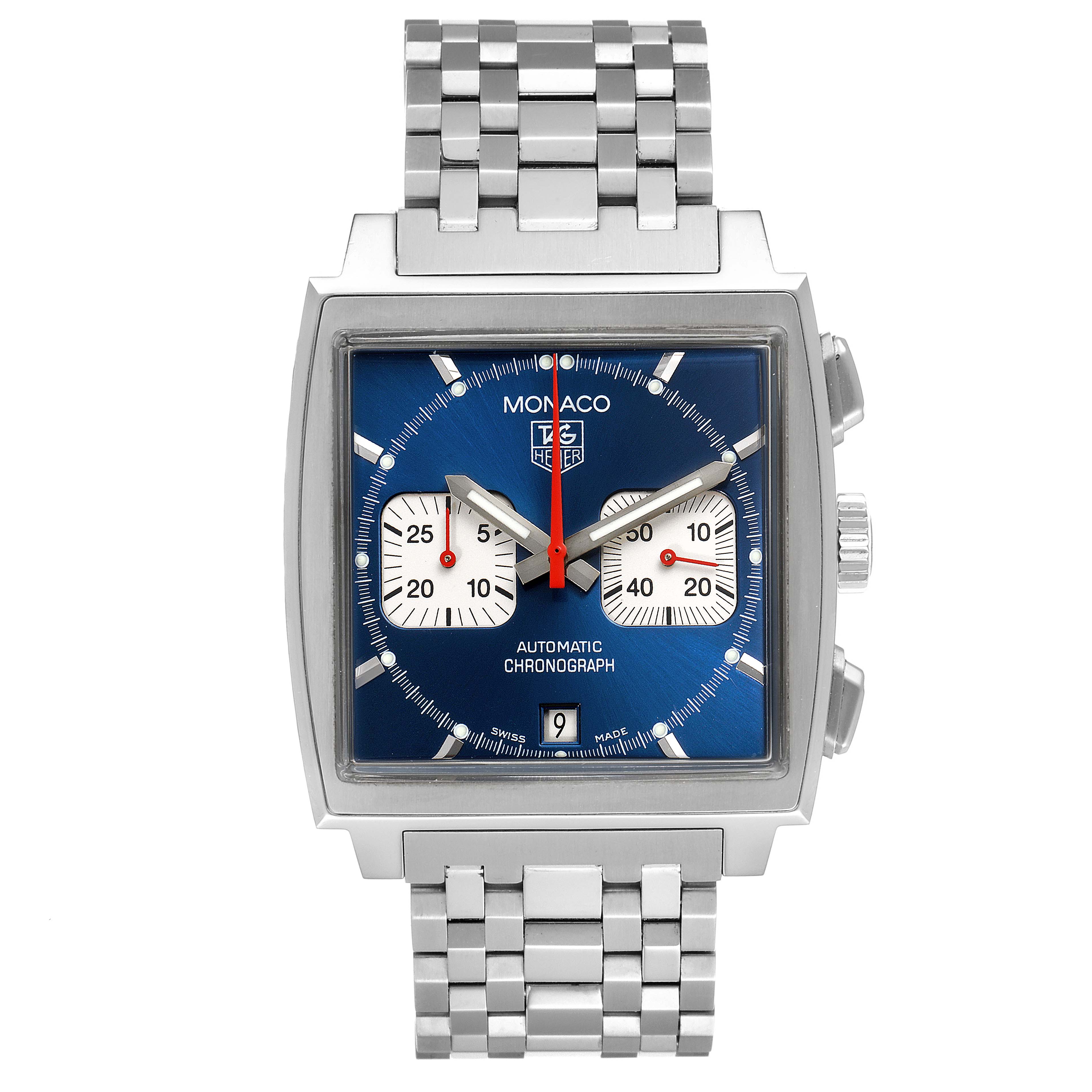 The image shows a frontal view of a Tag Heuer Monaco CW2113.BA0780 Men's Stainless Steel Blue Dial CW2113.BA0780 Men's Stainless Steel Blue Dial model watch with a metal bracelet and a blue face.