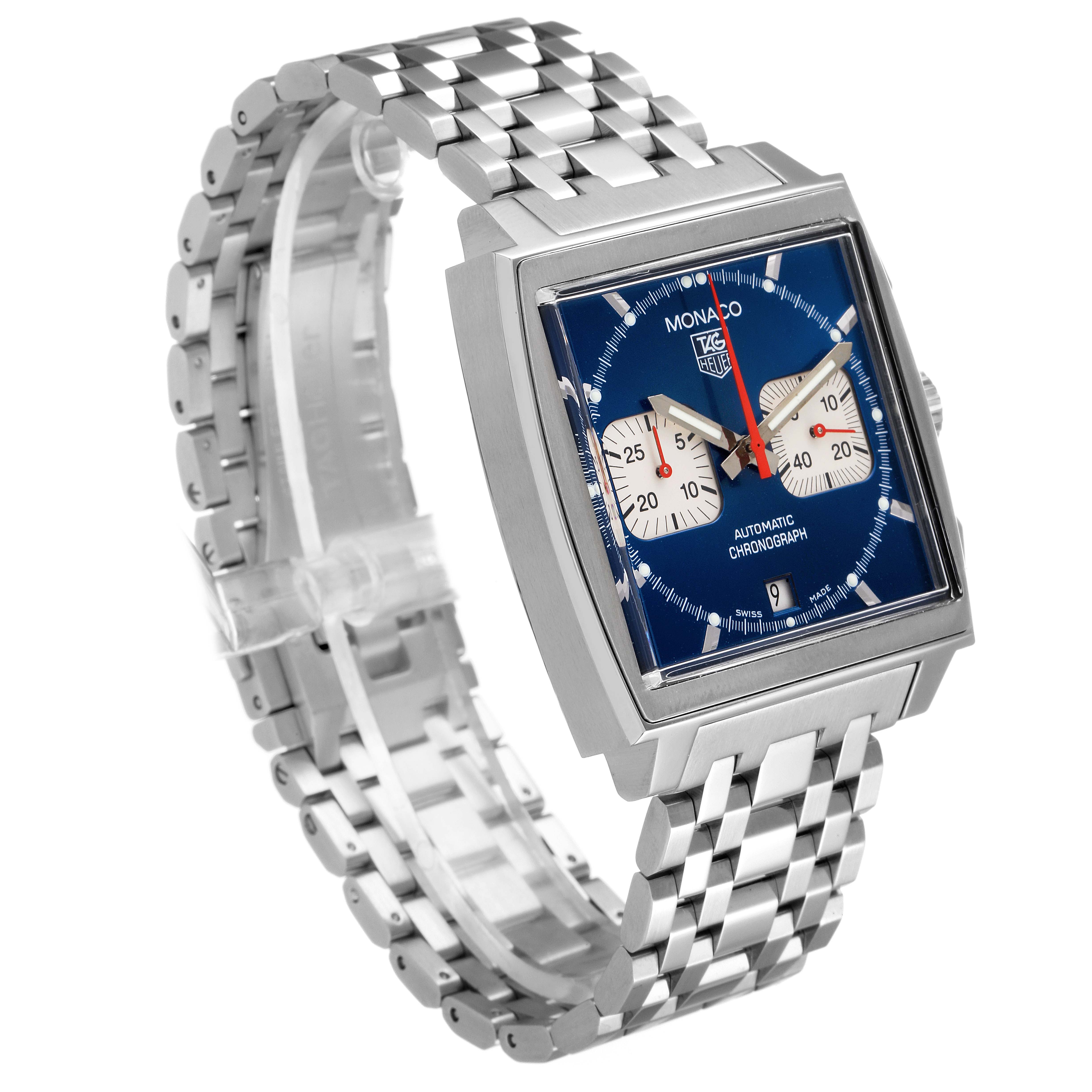 The image shows a Tag Heuer Monaco CW2113.BA0780 Men's Stainless Steel Blue Dial CW2113.BA0780 Men's Stainless Steel Blue Dial watch with a square case, blue dial, and stainless steel bracelet from a front-left angle.
