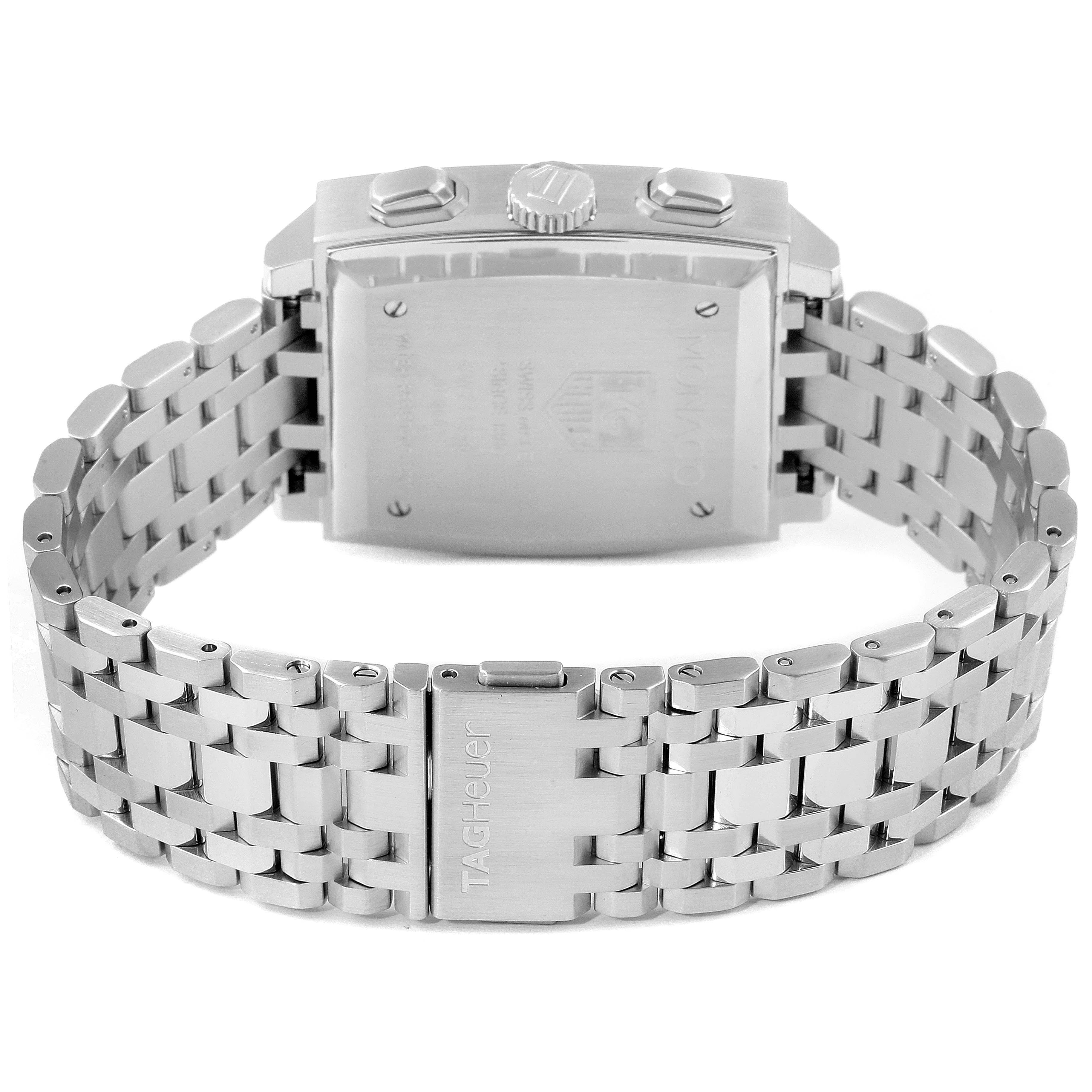 The image shows the back and clasp of a Tag Heuer Monaco CW2113.BA0780 Men's Stainless Steel Blue Dial CW2113.BA0780 Men's Stainless Steel Blue Dial watch, highlighting the stainless steel bracelet and caseback.