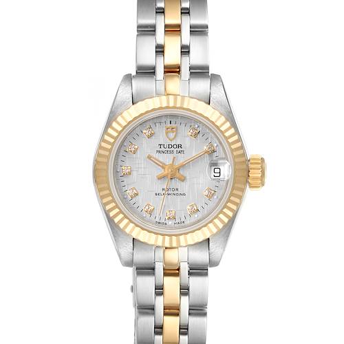 The image shows a front view of the Tudor Princess 92513 Women's Steel and Gold (two tone) Silver Dial 92513 Women's Steel and Gold (two tone) Silver Dial Date watch, displaying its dial, bezel, crown, and bracelet.