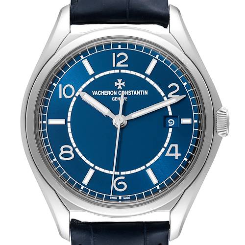 This is a front view of a Vacheron Constantin Fiftysix 4600E/000A-B487 Men's Stainless Steel Blue Dial 4600E/000A-B487 Men's Stainless Steel Blue Dial model watch, showing the dial, hands, date window, and part of the strap.