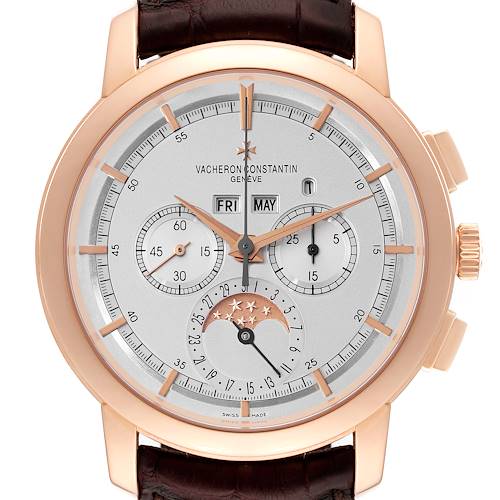 This image shows a front view of the Vacheron Constantin Traditionnelle 47292/000R-9392 Men's Rose Gold Silver Dial 47292/000R-9392 Men's Rose Gold Silver Dial watch, displaying its face, hands, and detailed complications.