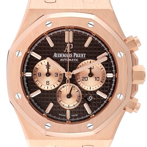 The image shows a close-up frontal view of the dial and case of an Audemars Piguet Royal Oak 26331OR.OO.D821CR.01 Men's Rose Gold Brown Dial 26331OR.OO.D821CR.01 Men's Rose Gold Brown Dial watch.