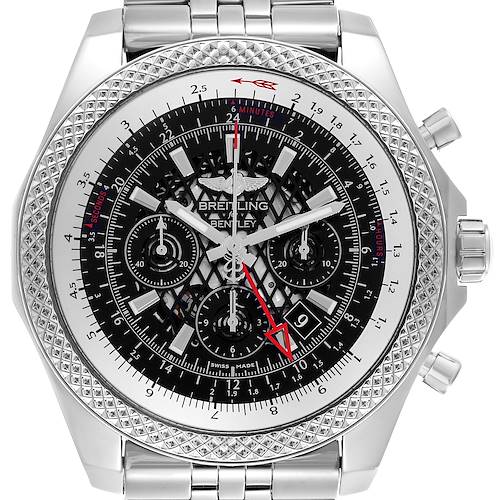 The Breitling Bentley AB0431 Men's Stainless Steel Black Dial AB0431 Men's Stainless Steel Black Dial watch is shown from the front, highlighting the dial, bezel, and chronograph subdials.