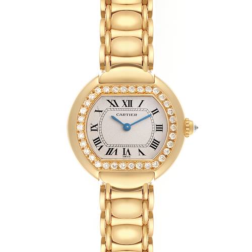 The Cartier Tortue WB6009L8 Women's Yellow Gold Silver Dial WB6009L8 Women's Yellow Gold Silver Dial watch is shown from the front, highlighting its oval case, gold bracelet, and diamond-encrusted bezel.