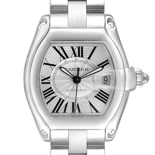 The Cartier Roadster W62025V3 Men's Stainless Steel Silver Dial W62025V3 Men's Stainless Steel Silver Dial watch is shown from a front angle, highlighting the dial, case, and bracelet.