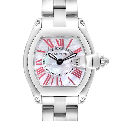 The image shows the dial, crown, and bracelet from a frontal view of the Cartier Roadster W6206006 Women's Stainless Steel Mother of Pearl Dial W6206006 Women's Stainless Steel Mother of Pearl Dial watch.