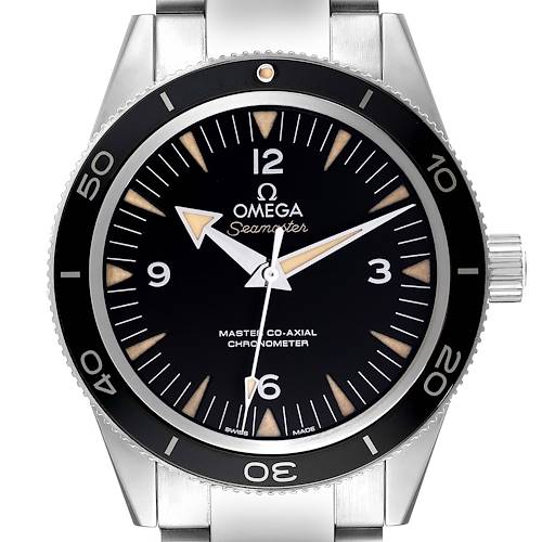 The Omega Seamaster Men's Stainless Steel Black Dial Men's Stainless Steel Black Dial watch is shown straight-on, displaying its dial, bezel, hands, crown, and part of the bracelet.