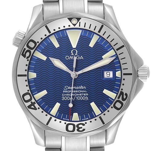 The Omega Seamaster 2255.80.00 Men's Stainless Steel Blue Dial 2255.80.00 Men's Stainless Steel Blue Dial watch is shown from a front angle, displaying the face, bezel, and part of the bracelet.