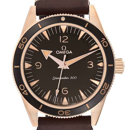 This image shows a front view of an Omega Seamaster 234.92.41.21.10.001 Men's Bronze Brown Dial 234.92.41.21.10.001 Men's Bronze Brown Dial 300 watch, featuring its dial, bezel, and part of the strap.