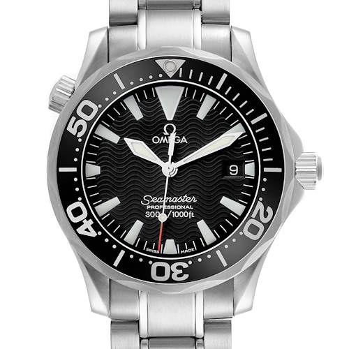 The Omega Seamaster 2262.50.00 Men's Stainless Steel Black Dial 2262.50.00 Men's Stainless Steel Black Dial watch is shown from a front angle, highlighting the dial, bezel, and bracelet.