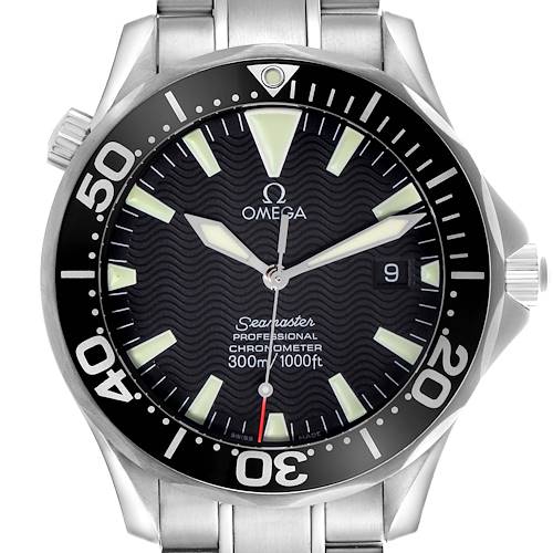 The Omega Seamaster 2254.50.00 Men's Stainless Steel Black Dial 2254.50.00 Men's Stainless Steel Black Dial watch is shown from the front, displaying the dial, bezel, and part of the bracelet.