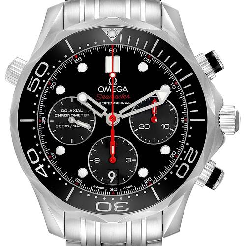 The Omega Seamaster 212.30.42.50.01.001 Men's Stainless Steel Black Dial 212.30.42.50.01.001 Men's Stainless Steel Black Dial watch is shown from the front, highlighting the dial, bezel, crown, pushers, and part of the bracelet.