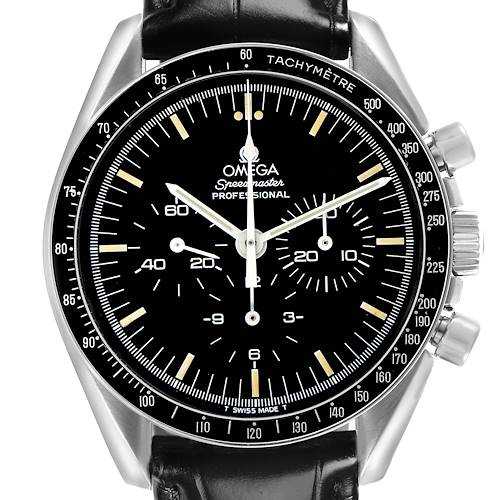 The Omega Speedmaster 3590.50.00 Men's Stainless Steel Black Dial 3590.50.00 Men's Stainless Steel Black Dial watch is shown from a front angle, displaying the dial, tachymeter bezel, and pushers.