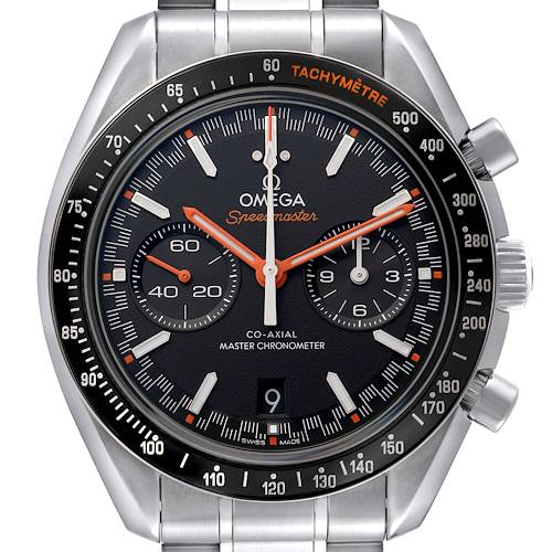The Omega Speedmaster 329.30.44.51.01.002 Men's Stainless Steel Black Dial 329.30.44.51.01.002 Men's Stainless Steel Black Dial is shown from the front, highlighting its dial, subdials, tachymeter bezel, and stainless steel bracelet.