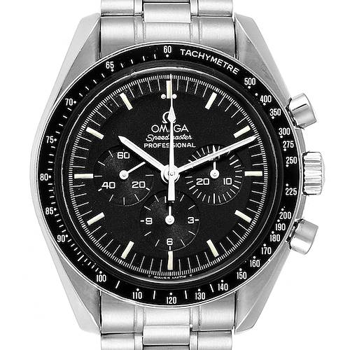 The image shows a frontal view of the Omega Speedmaster 145.022 Men's Stainless Steel Black Dial 145.022 Men's Stainless Steel Black Dial watch, highlighting the dial, bezel, and metal bracelet.