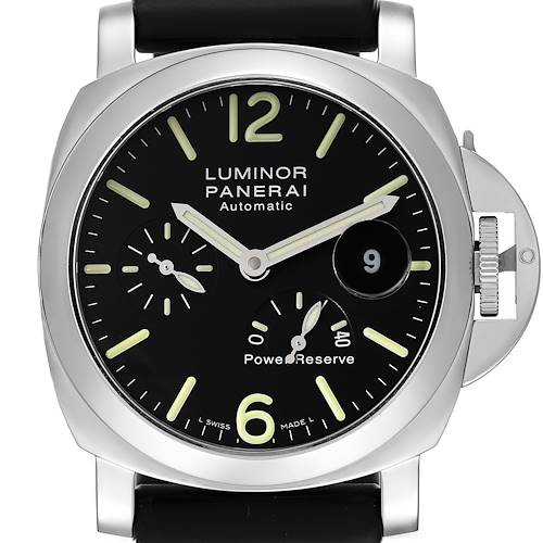 The Panerai Luminor PAM00090 Men's Stainless Steel Black Dial PAM00090 Men's Stainless Steel Black Dial watch is shown from a front angle, displaying the dial, hands, markers, and crown guard.