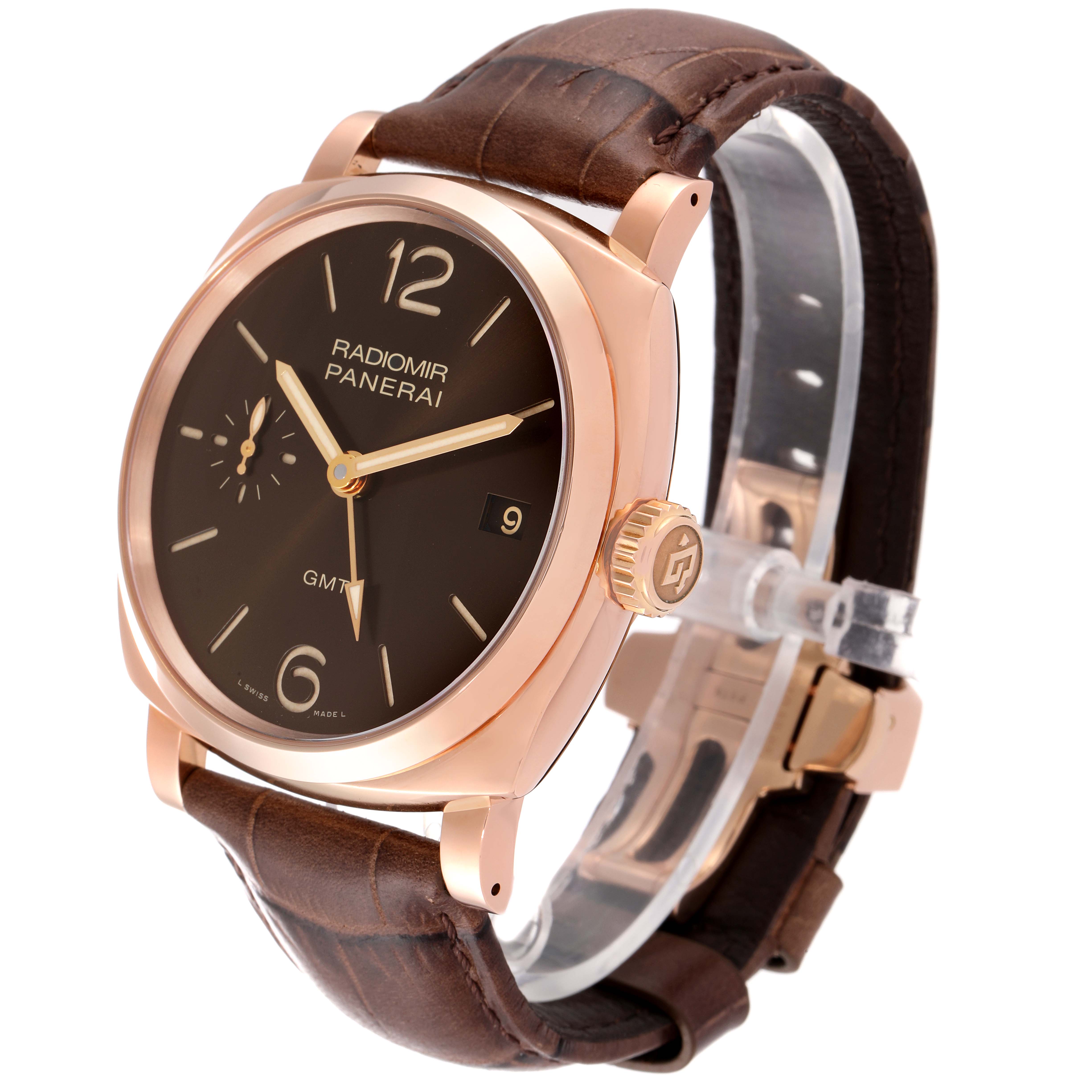The image shows a Panerai Radiomir PAM00570 Men's Rose Gold Brown Dial PAM00570 Men's Rose Gold Brown Dial watch at a slight angle, highlighting the brown leather strap, rose gold case, and black dial.