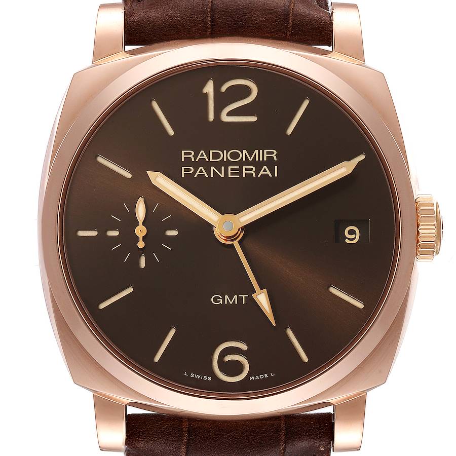This image shows a front view of a Panerai Radiomir PAM00570 Men's Rose Gold Brown Dial PAM00570 Men's Rose Gold Brown Dial watch, highlighting its brown dial, hands, crown, and a brown leather strap.