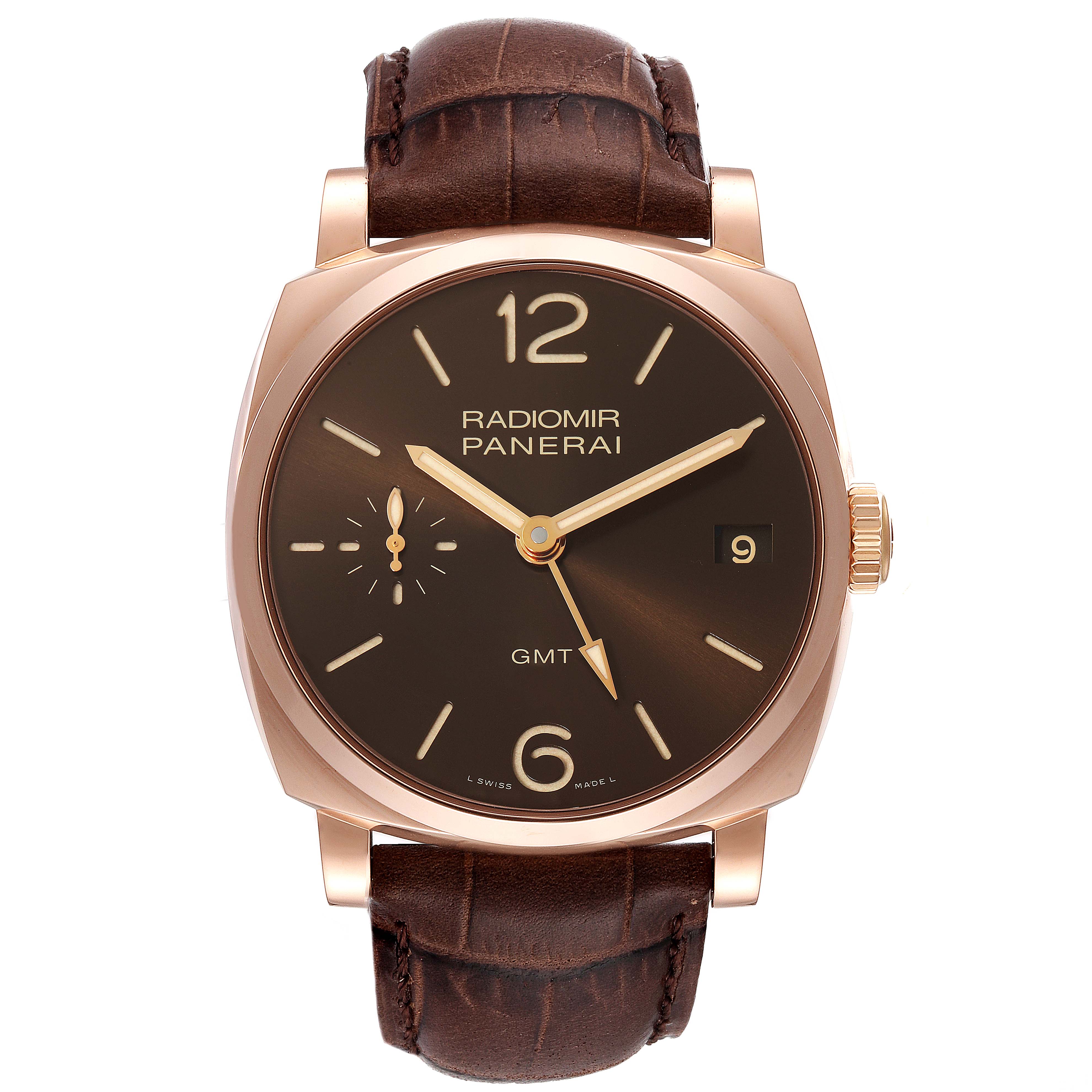The image shows a front view of the Panerai Radiomir PAM00570 Men's Rose Gold Brown Dial PAM00570 Men's Rose Gold Brown Dial watch, displaying its dial, hands, and brown leather strap.