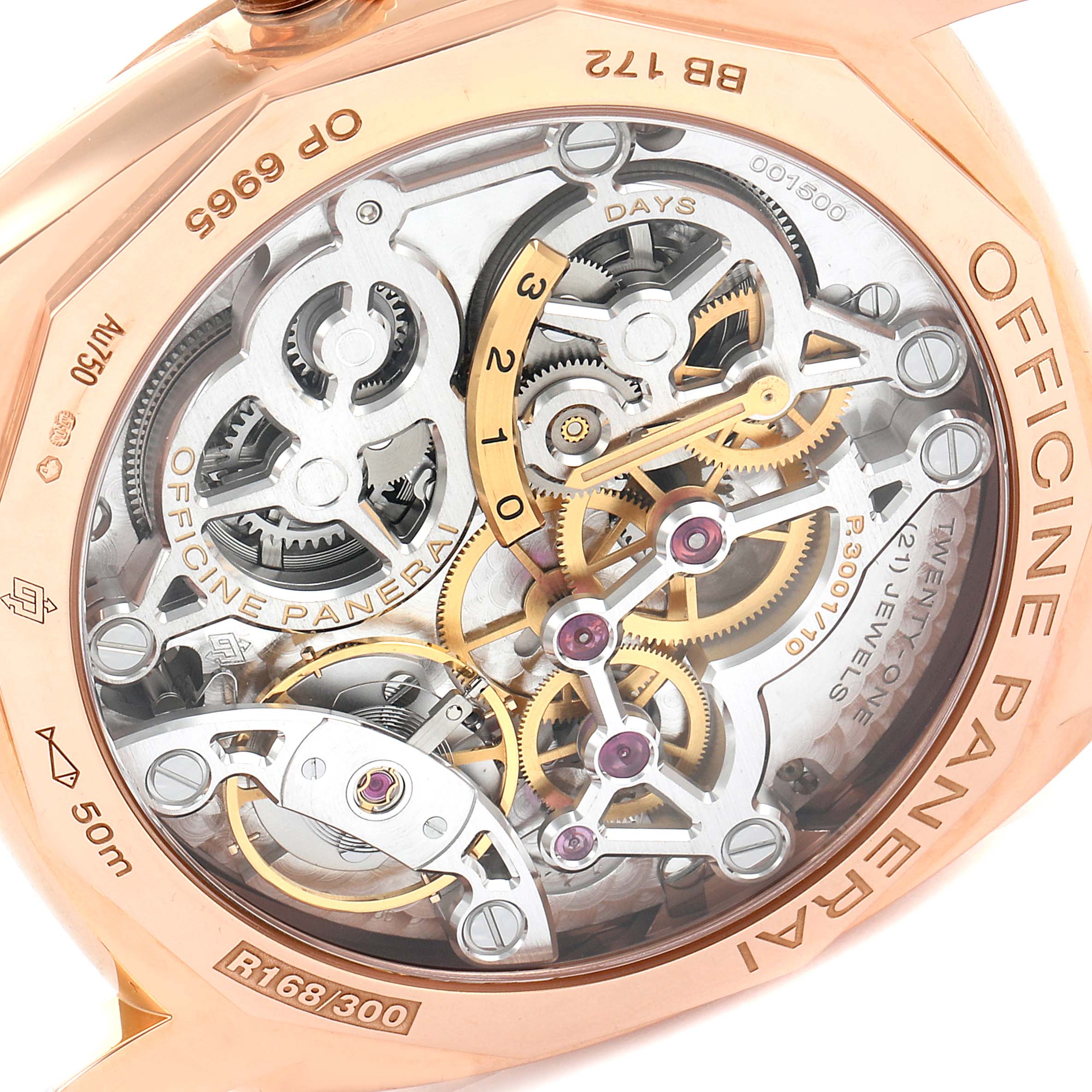 The image shows the back view of a Panerai Radiomir PAM00570 Men's Rose Gold Brown Dial PAM00570 Men's Rose Gold Brown Dial watch, highlighting its intricate mechanical movement.