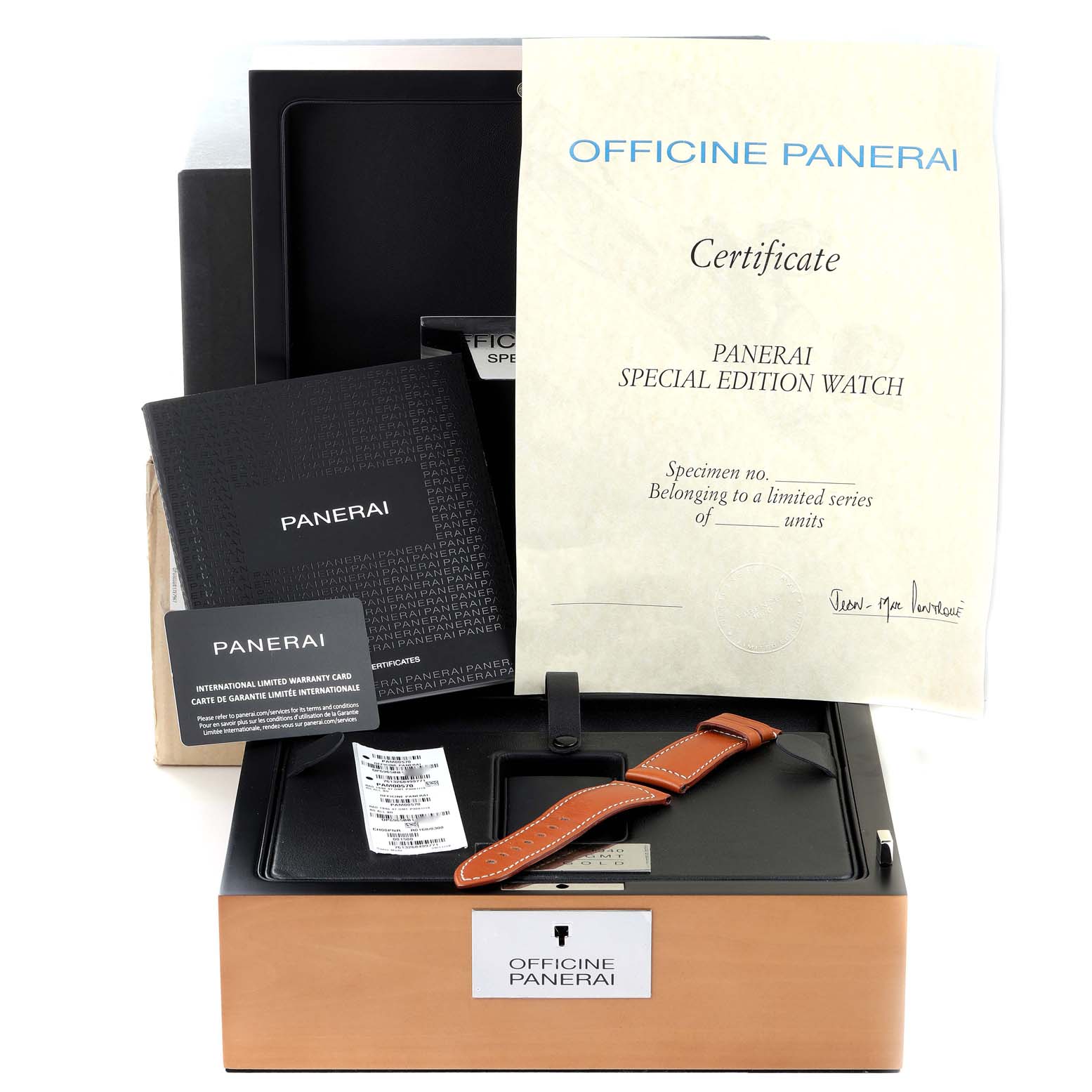 The image shows a Panerai Radiomir PAM00570 Men's Rose Gold Brown Dial PAM00570 Men's Rose Gold Brown Dial watch box set with certificates, a warranty card, and a watch strap from a top-down angle.