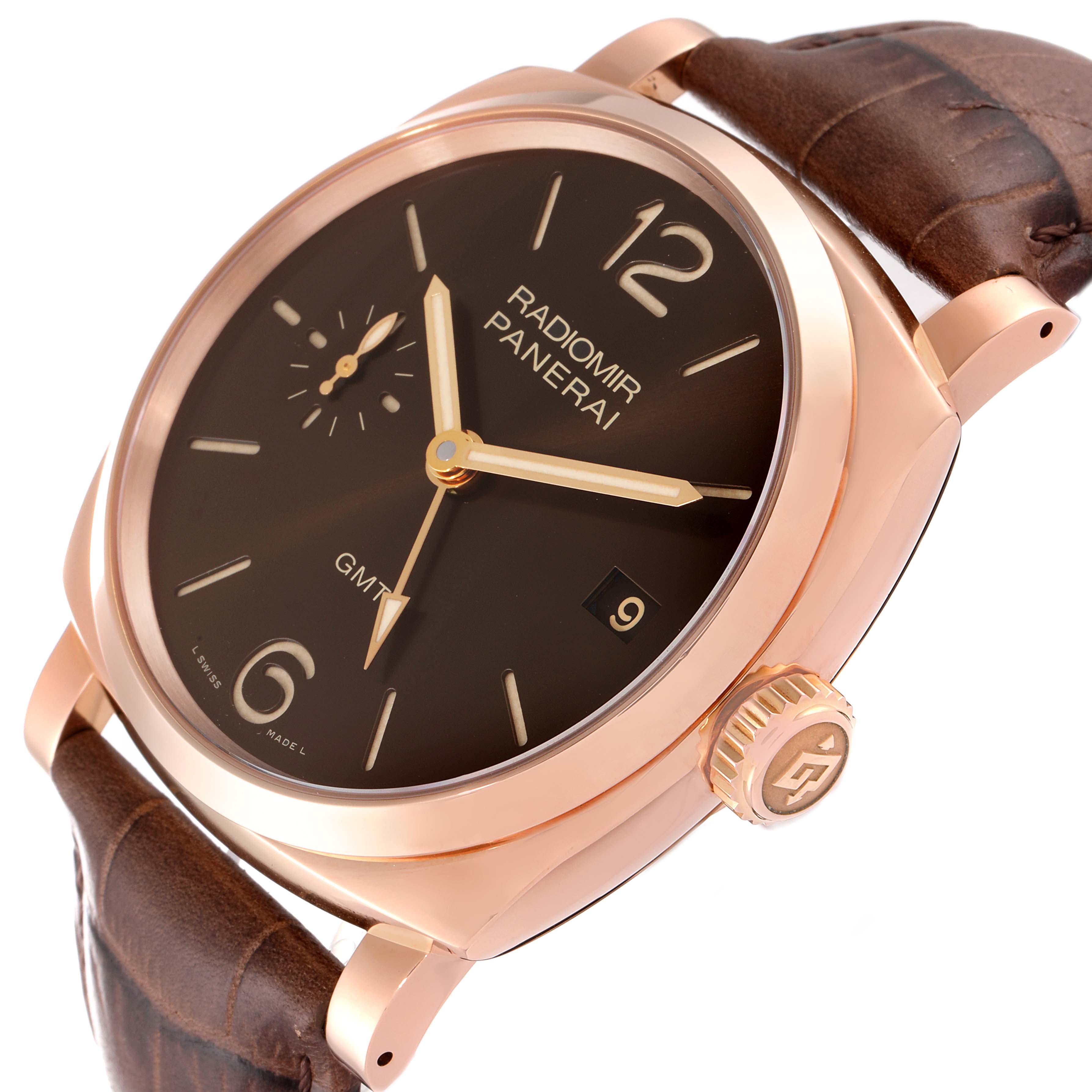 The image shows a close-up angle of the Panerai Radiomir PAM00570 Men's Rose Gold Brown Dial PAM00570 Men's Rose Gold Brown Dial watch face, displaying the dial, crown, and part of the leather strap.