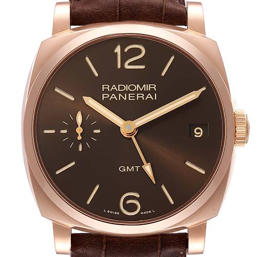This image shows a Panerai Radiomir PAM00570 Men's Rose Gold Brown Dial PAM00570 Men's Rose Gold Brown Dial watch from a front angle, highlighting the dial, hands, and crown.